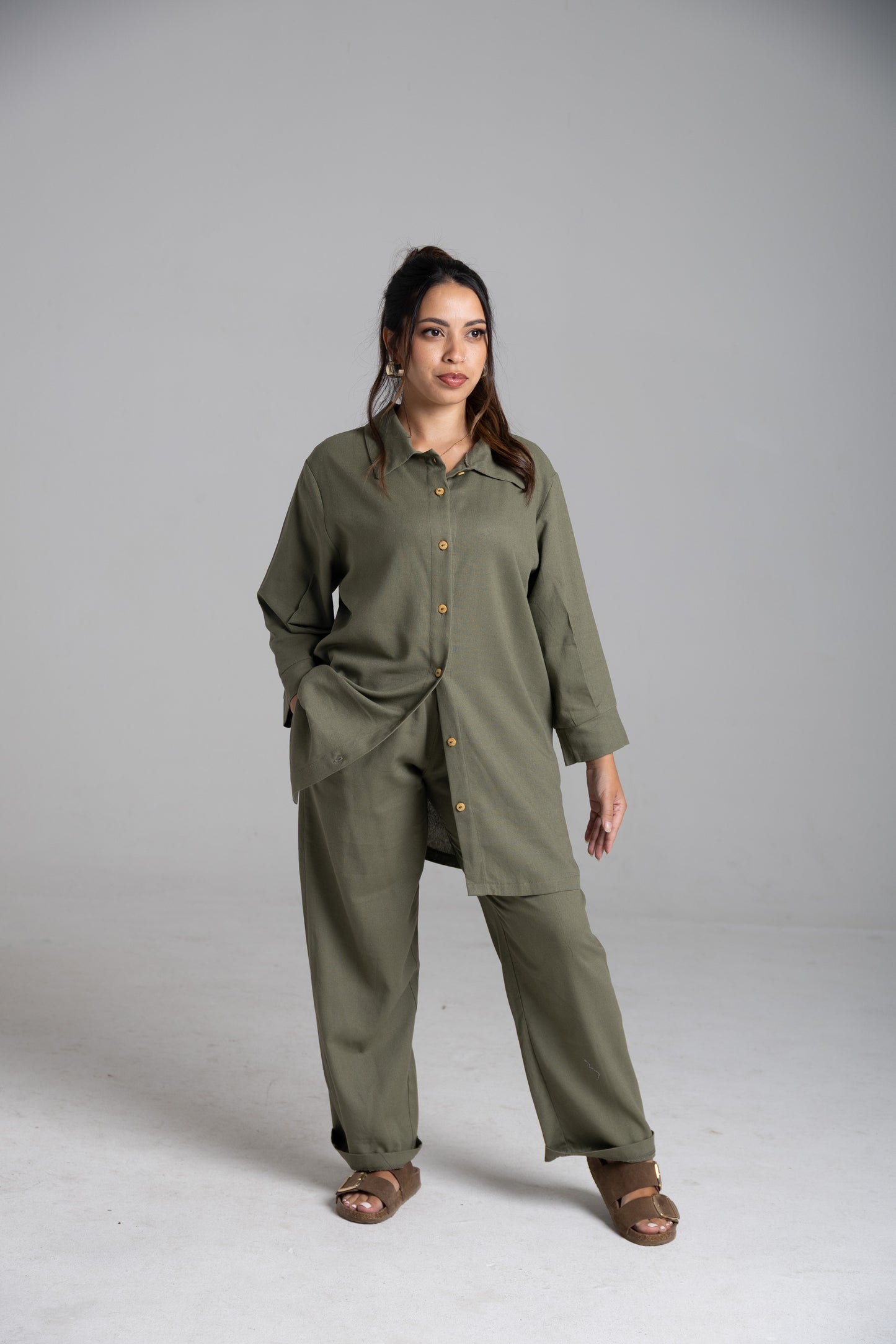 Linen Shirt Set-Khaki