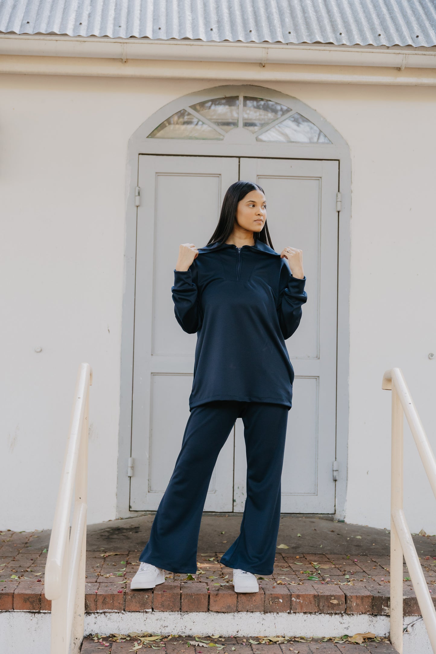1/4 Zip Fancy Collar Track- Navy Blue