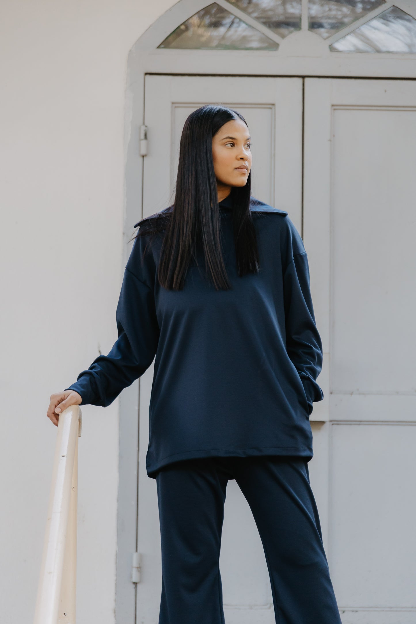 1/4 Zip Fancy Collar Track- Navy Blue