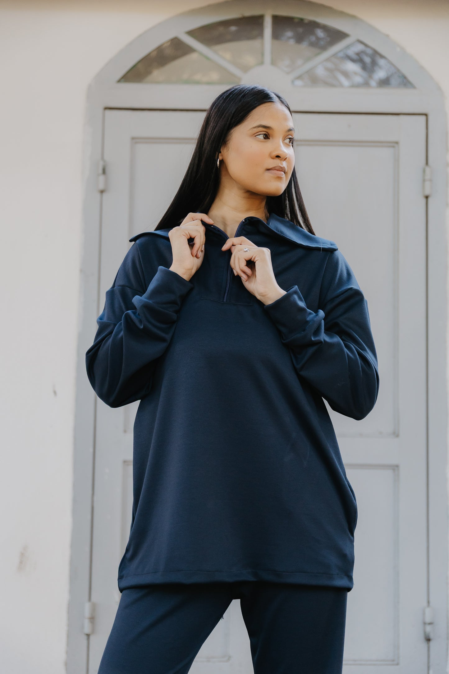 1/4 Zip Fancy Collar Track- Navy Blue